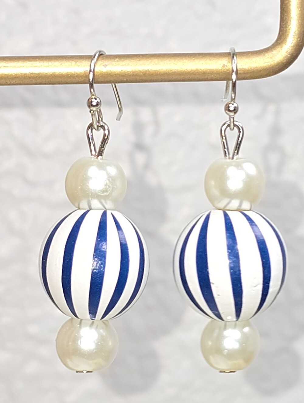 Handpainted Blue and White Stripe Wood Drop Dangling Earrings